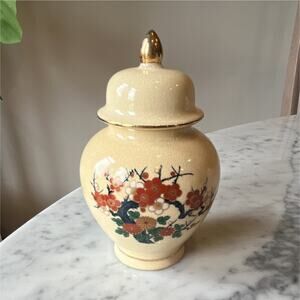 Satsuma Japan Lidded Vase Floral Design Gold Finial Decorative Jar